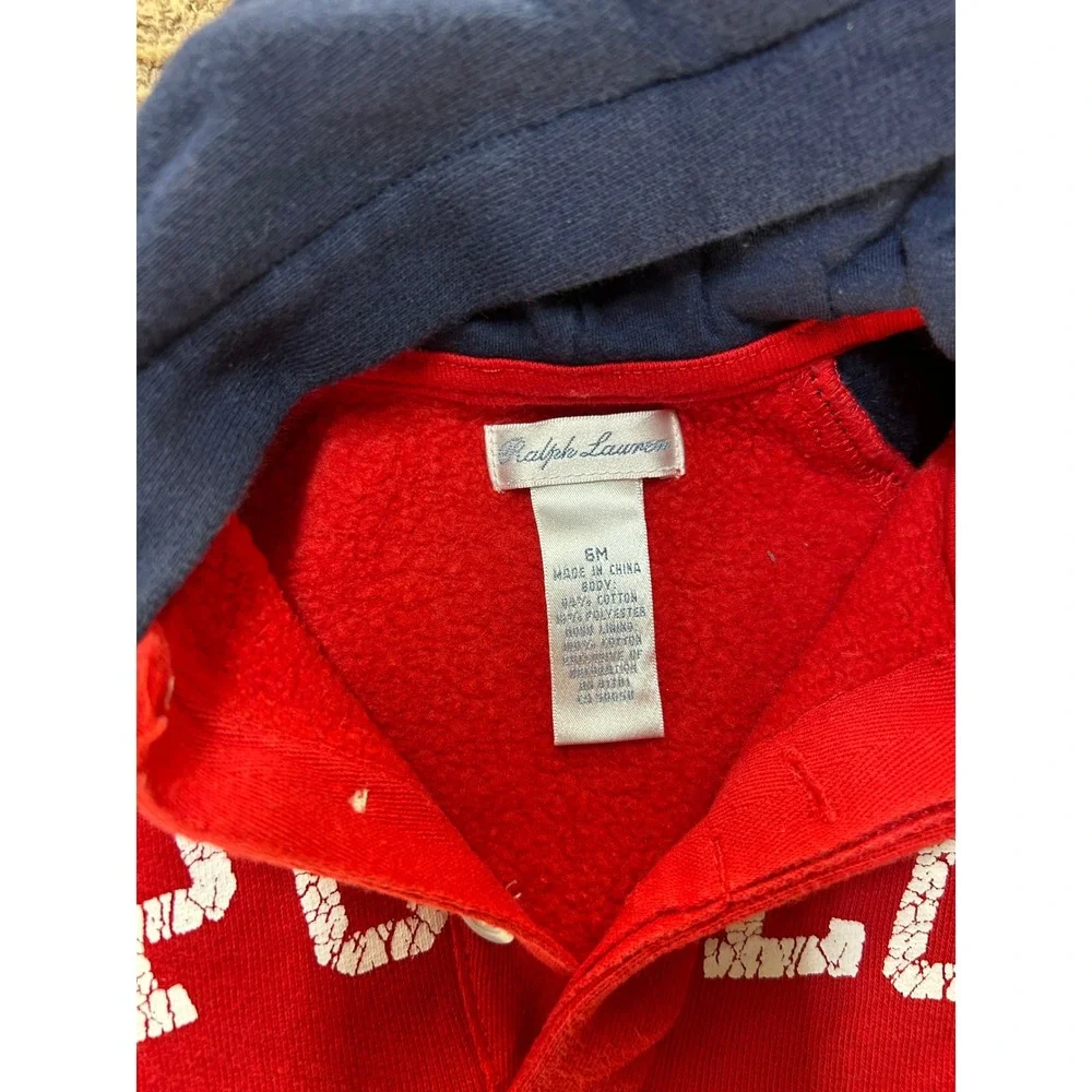 Ralph Lauren Polo Baby Boys Red Navy Hooded Fleece Romper Coverall 9M